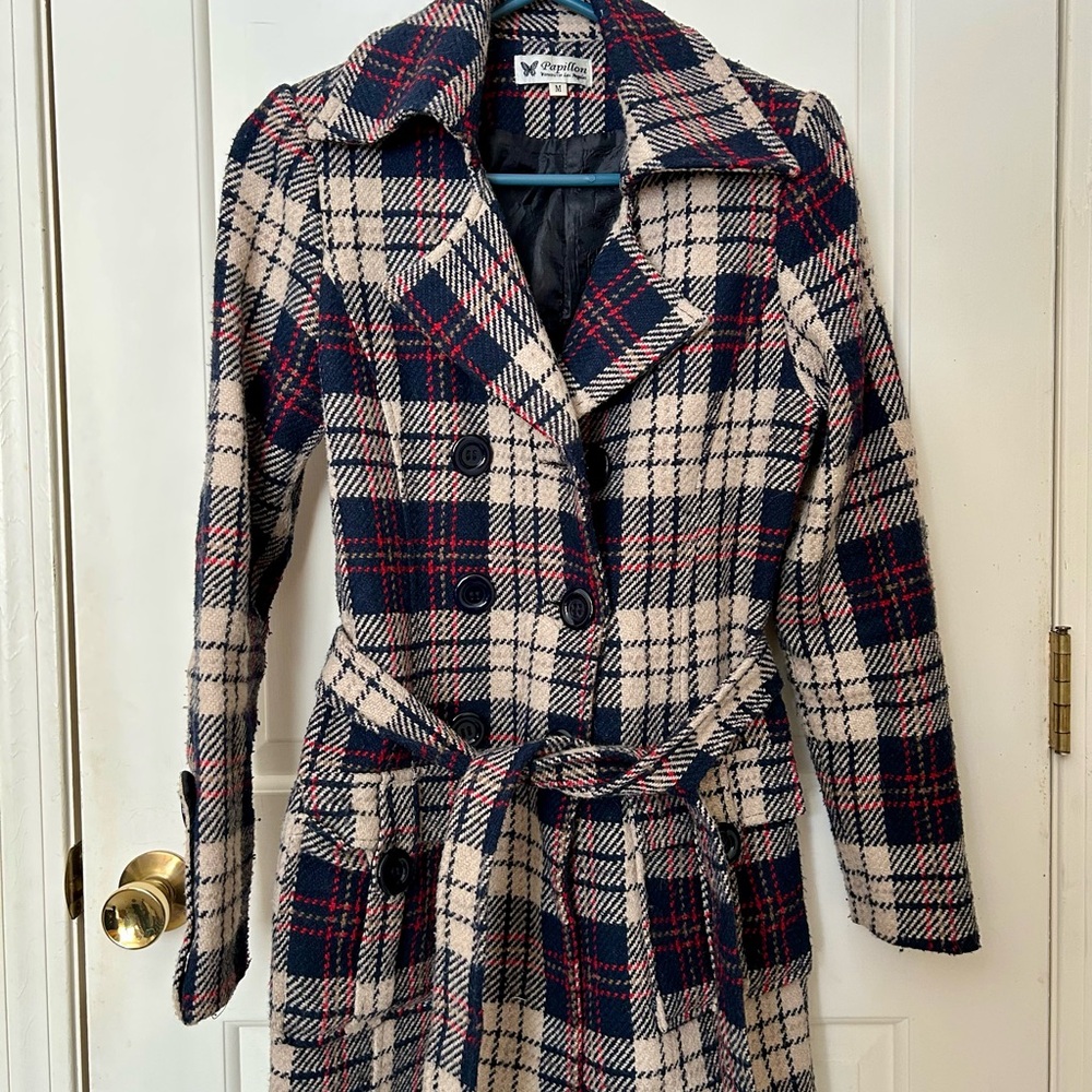 Papillon Blanc Plaid Pea Coat in Navy and Red